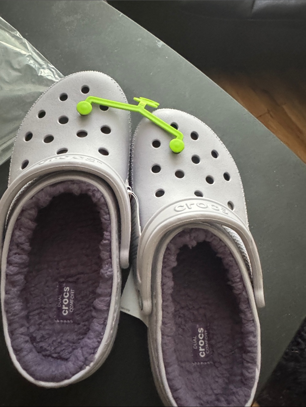 CROCS unisex Light Gray Clogs with Purple Fleece Lining and Neon Green Toggle